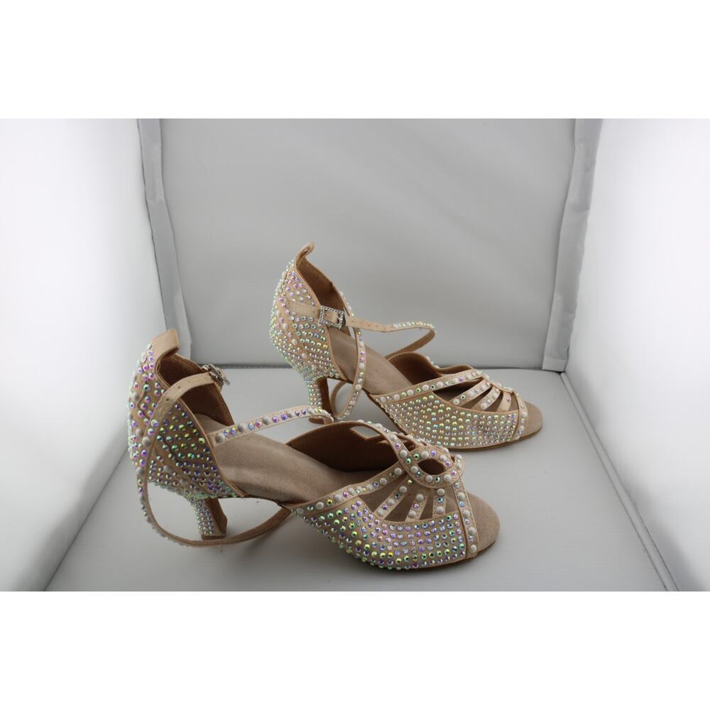 Women's Nude Satin Rhinestone Latin Dance Shoes Ballroom Salsa Strappy Heels - Picture 4 of 5